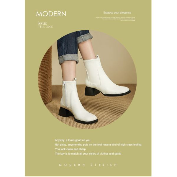 Classical white Leather Square Heel Ankle Boots Chunky Heel Casual Women Heeled Shoes