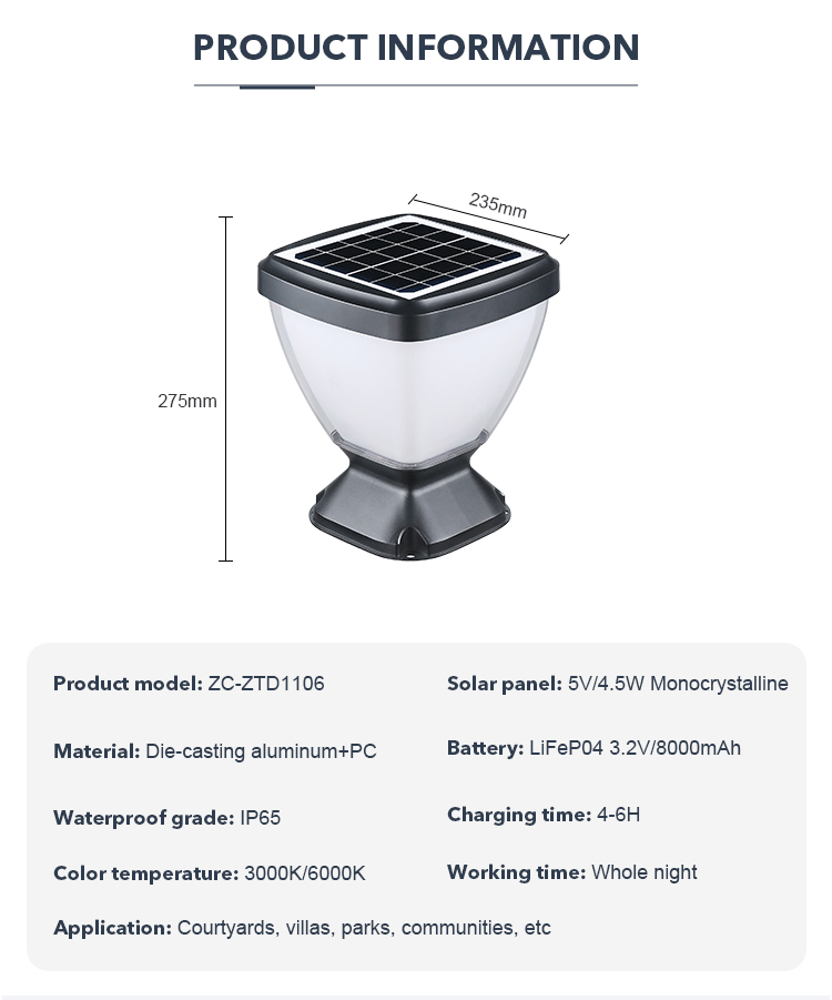 3000K 6500K Light Control Solar Pillar Lighting Solar lantern lamp for Landscape Decorative