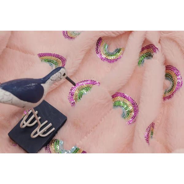 Recycled 100 Polyester Rabbit Fur Rainbow Style Sequins Embroidery on Plush Fabrics for Home Textiles