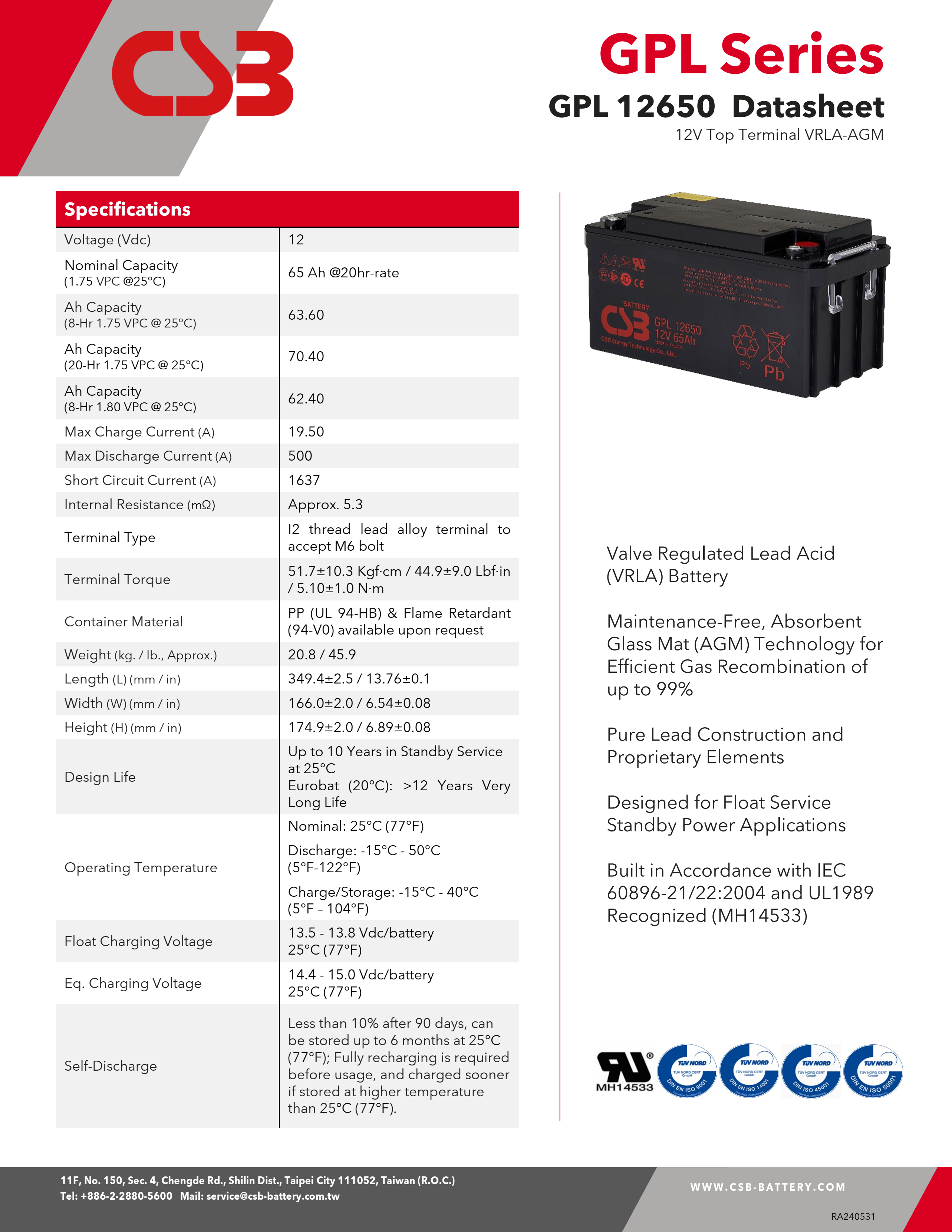 CSB Battery GPL12650 12V 65Ah Sealed Lead Acid Battery Long Life Rechargeable Battery for UPS