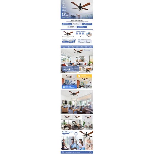 52 Inch 60w Noiseless Ceiling Fan 220v 5 Blades For Restaurant Living Room