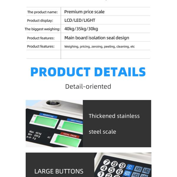 30kg/40kg Digital Electronic Scale for Weight Measuring in Supermarkets 1g Division and High Accuracy Battery Powered
