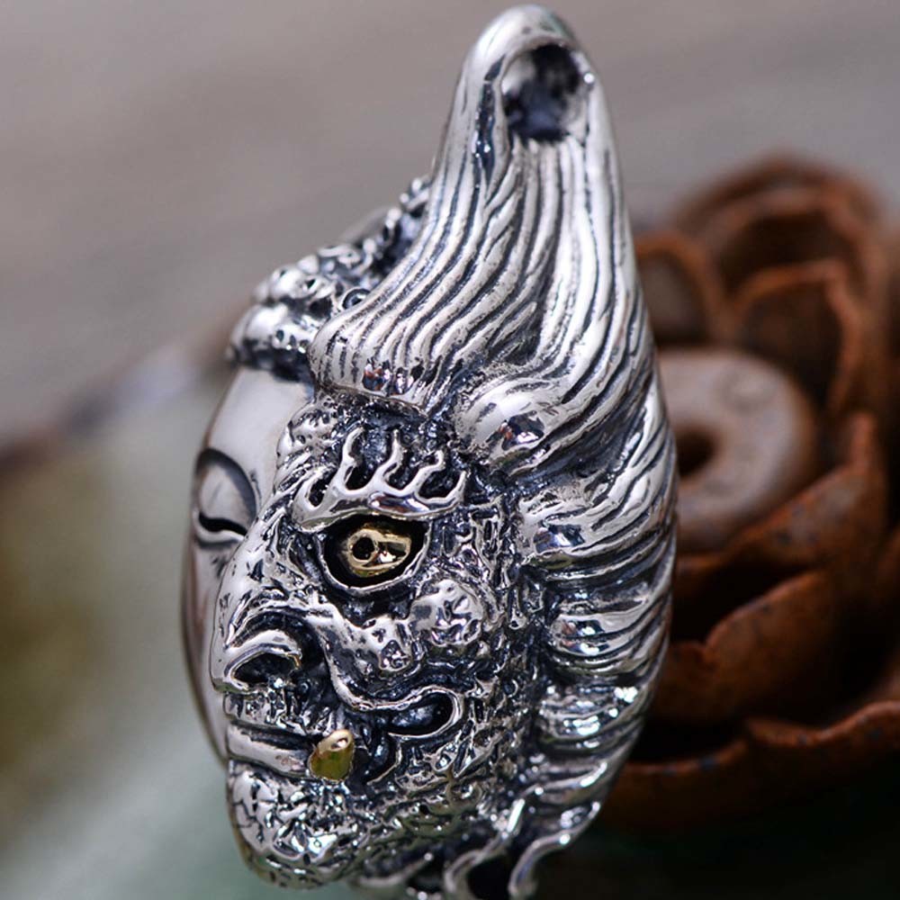 Women Men Retro Sterling Silver Buddha Demon Design Pendant Necklace N808062