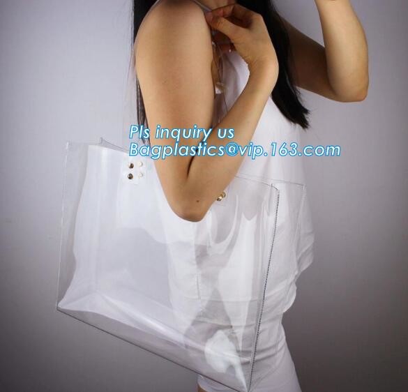 patch handle pe die cut large clear plastic bags with your own logo, pvc tote bag with leather handles tote bag PVC hand