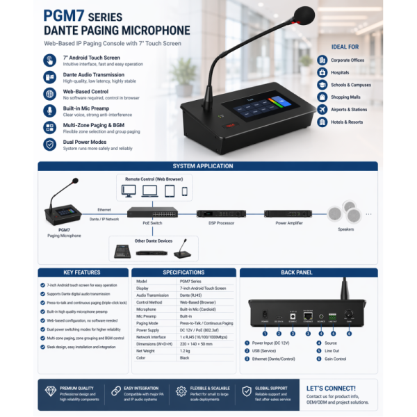 Paging Microphone System Dante Paging Microphone Touch Screen Paging Mic | Web-Based Control Solution