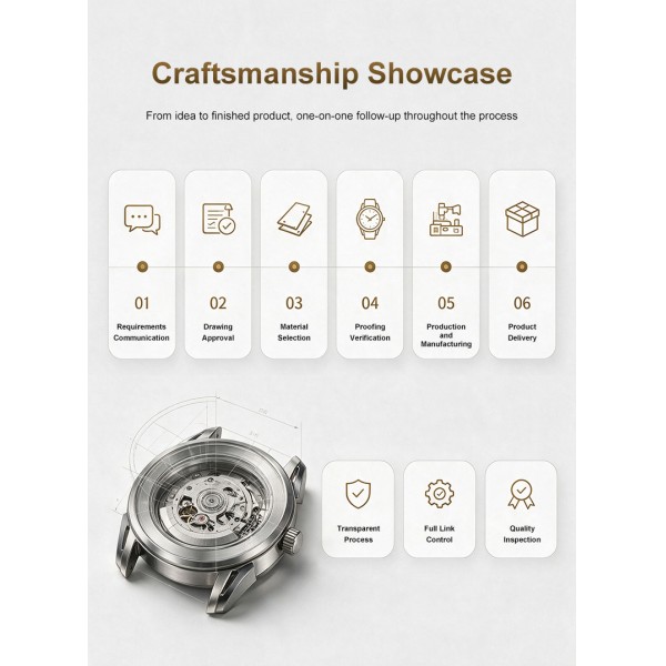 Full OEM watch case craftsmanship process from CAD drawing approval to mass production quality check.
