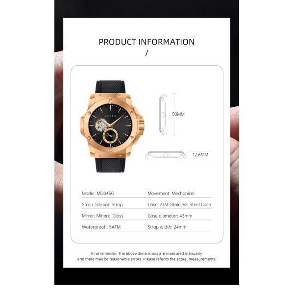 Product dimensions and specifications sheet of the 43mm stainless steel automatic mechanical watch.