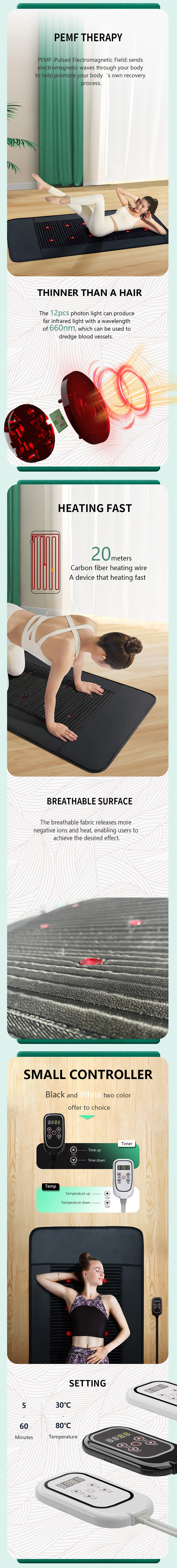 12 Photon Lights PEMF Mat Far Infrared Heating Mat With Zipper Blanket