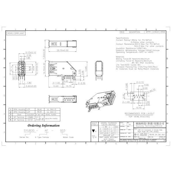 High Speed Input Output Connectors Usb 3.0 Type A Connector 90° Dip Type