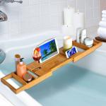 Durable Bamboo Bathroom Supplies Expandable Bamboo Bathtub Caddy Tray