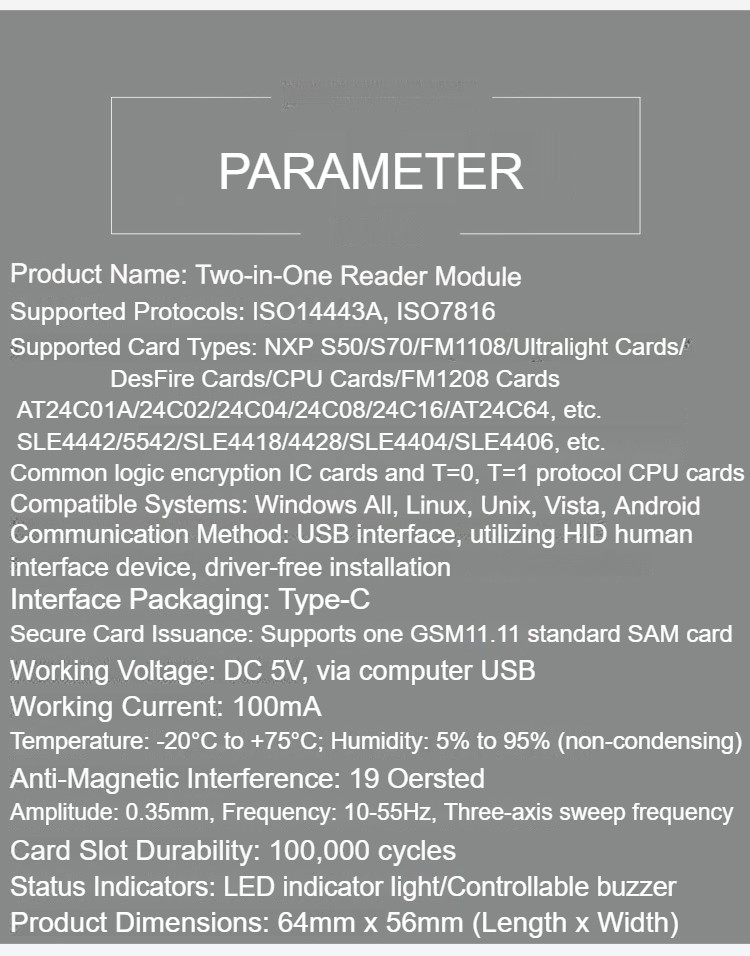 C2-AMU-00 Dual-Interface 2-in-1 IC Card Reader Module ISO14443A Protocol Reader ISO7816 Protocol Reader