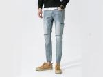 28-36 Lignt Blue Jeans Men'S Denim Pants With Rips Slim Fit Cotton Fabric