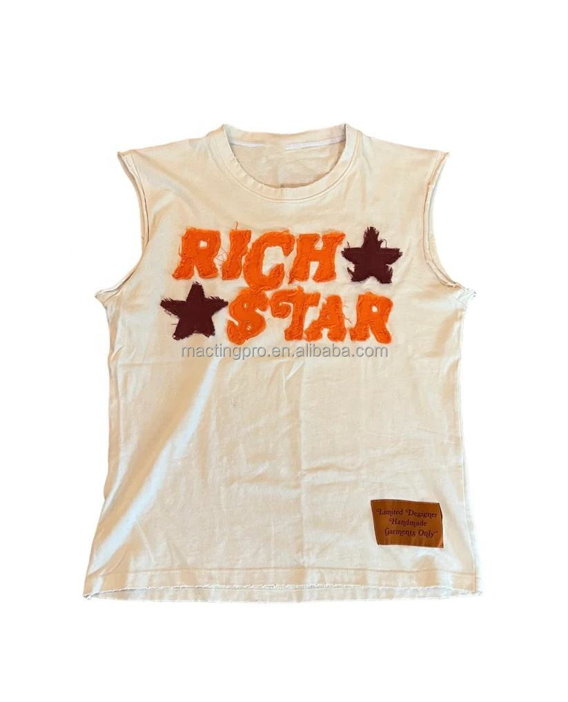 Men's Hip Hop 100% Cotton Acid Washed Sleeveless Tank Top with Custom Logo Embroidery