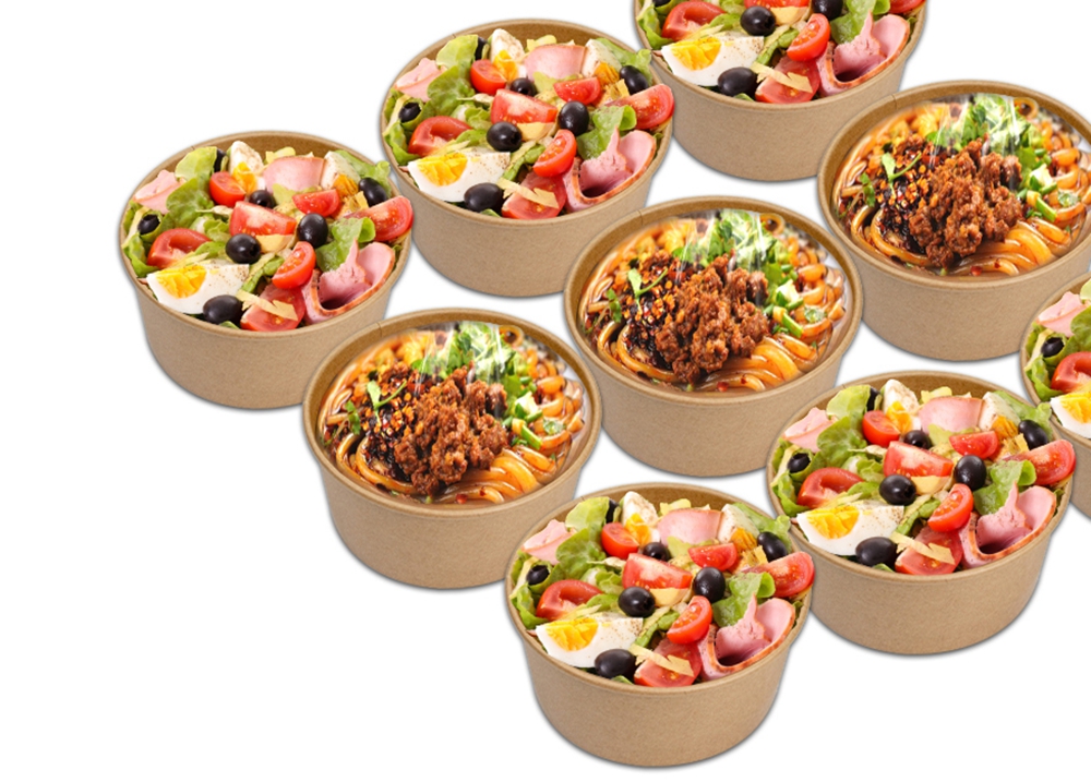 Customized Disposable Heatable Food Packaging Boxes Round Kraft Paper Salad Plates Bowl