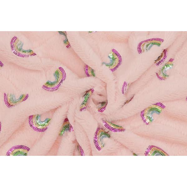 Recycled 100 Polyester Rabbit Fur Rainbow Style Sequins Embroidery on Plush Fabrics for Home Textiles