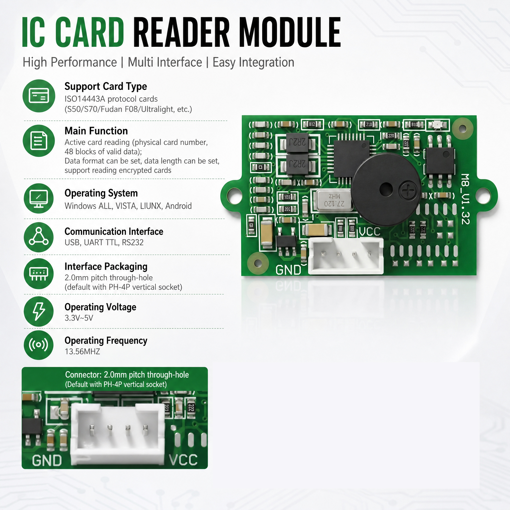 M8-WD-UH-00 RFID Card Reader Module IC Card Reader S50 Contactless 14443A Protocol IC Card Issuer USB Interface