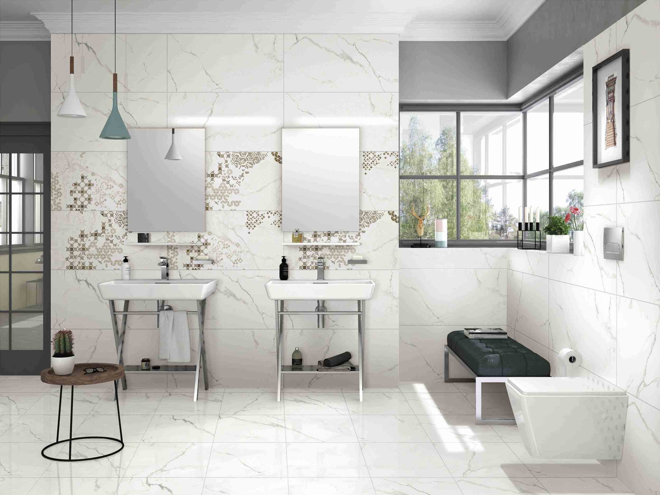 High Glossy Super White Marble Effect Porcelain Tiles 400x800 10mm Thickness