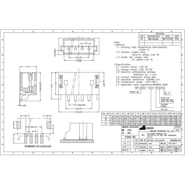 1.5mm Pitch Wafer WTB Connector Wire To Board Connector Horizontal Smt