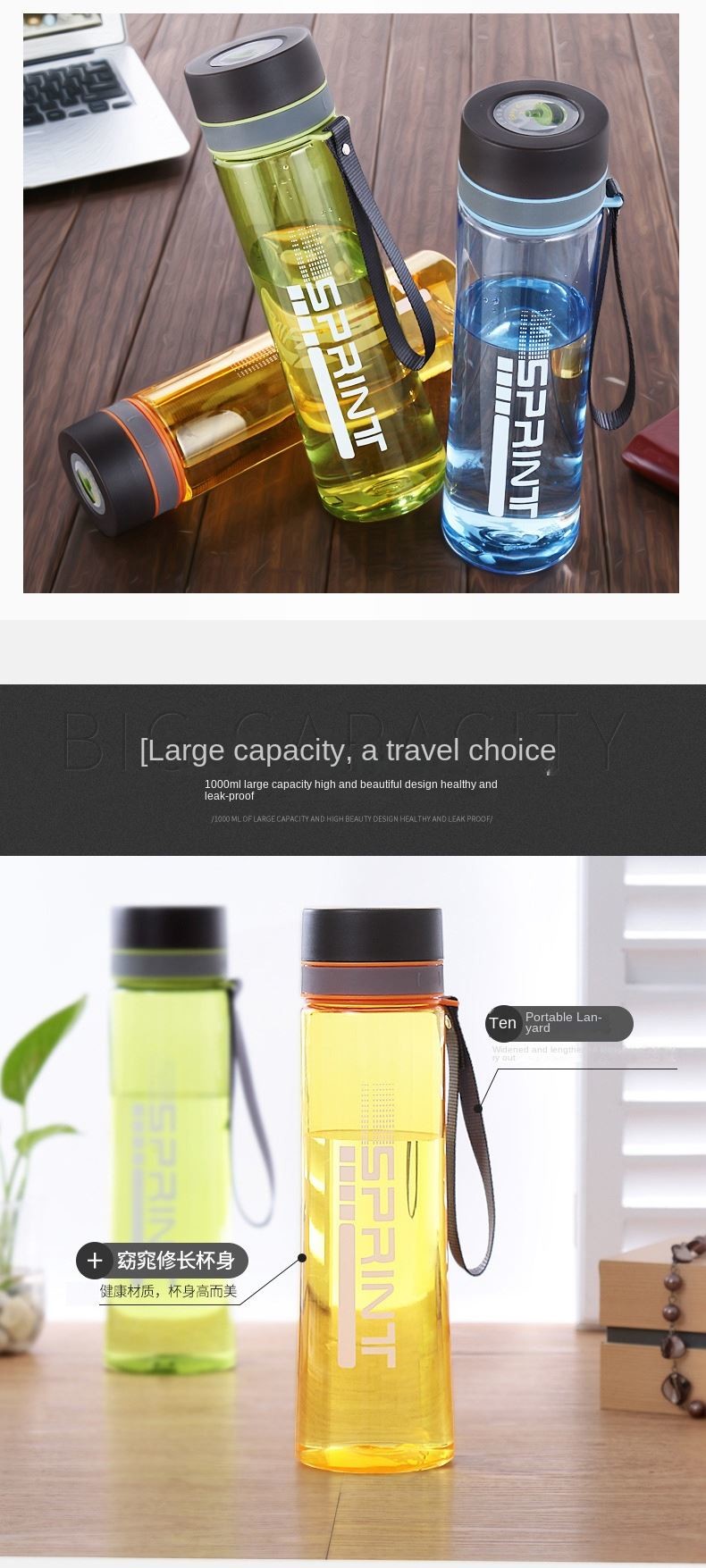 Customized Logo Lightweight Plastic Travel Water Bottle Outdoor Sports Water Bottle 500ml/650ml/750ml/1000ml/1200ml With Rope Multifunctional