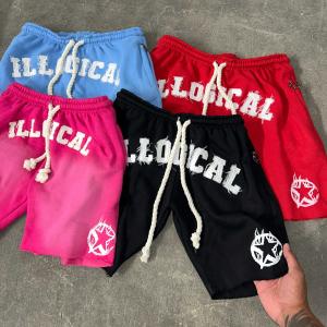 Wholesale Custom Mens Streetwear Thick Drawstring Vintage Applique Sweat Short Cut Edge Acid Wash from china suppliers