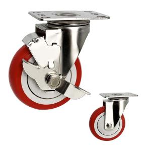 Wholesale Waterproof Stainless Steel Casters 3 Inch Red PU Side Brake SS Castors from china suppliers