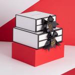 Rigid White Magnetic Cardboard Gift Boxes With Black Rim And Ribbon Bow