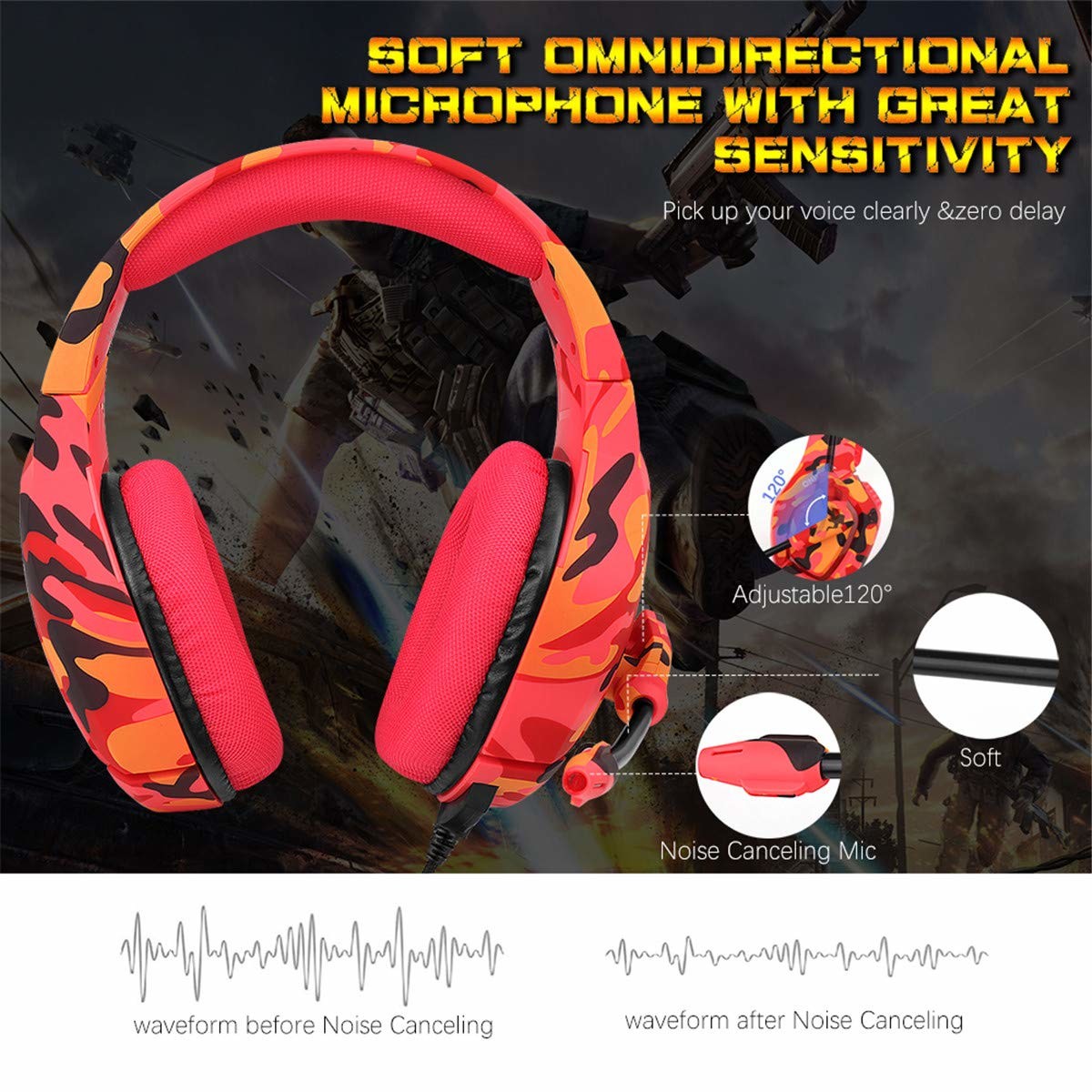 noise cancelling 50mm 2.2kohm 117dB Camouflage Gaming Headset