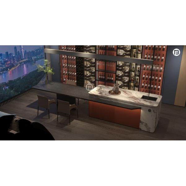 Stainless Steel Living Room Wine Cabinet With Dual-Tone Marble And Glass Back Panels