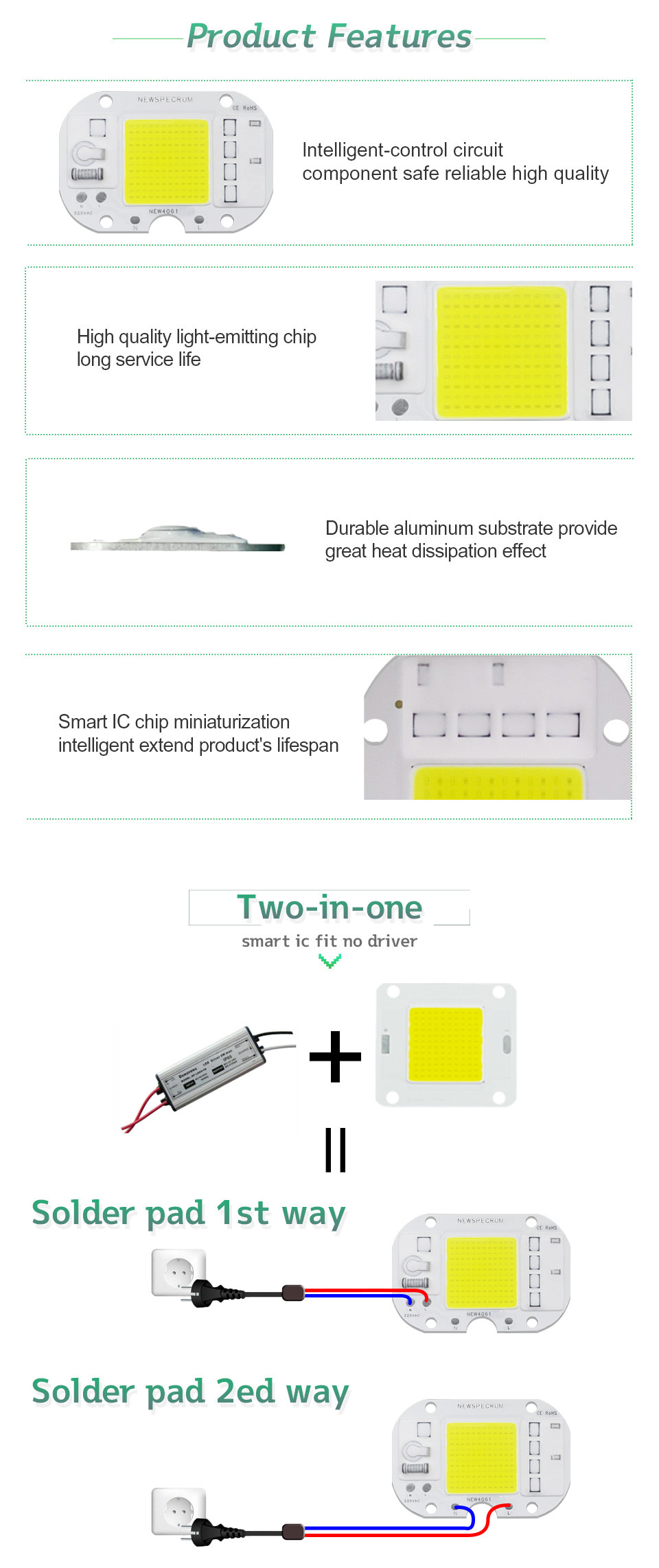 Two Welding Methods Chip Led Cob 50w Driverless Lamp Beads For Grow Light