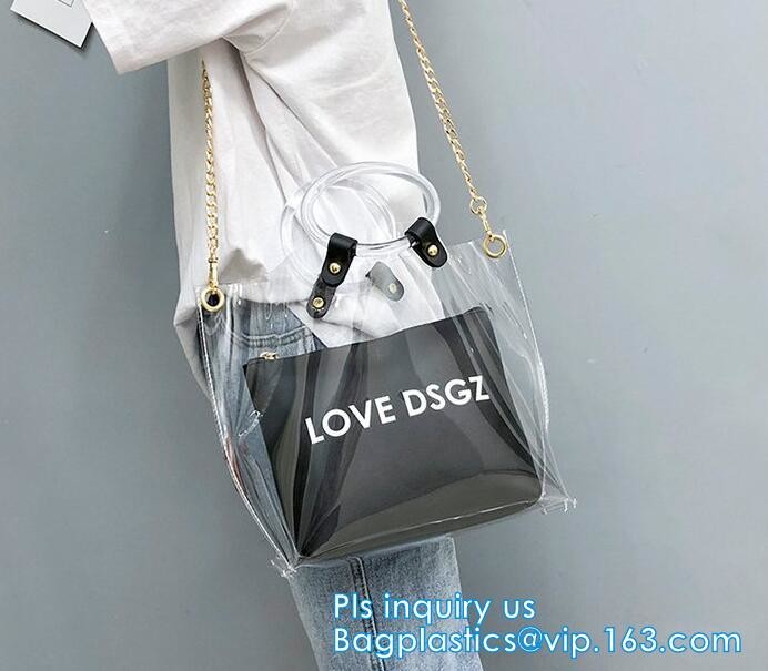Promotional fashion soft pvc tote beach bag pvc handbag, handbag min min handbag for kids, Zipper Pocket Clear Beach Han