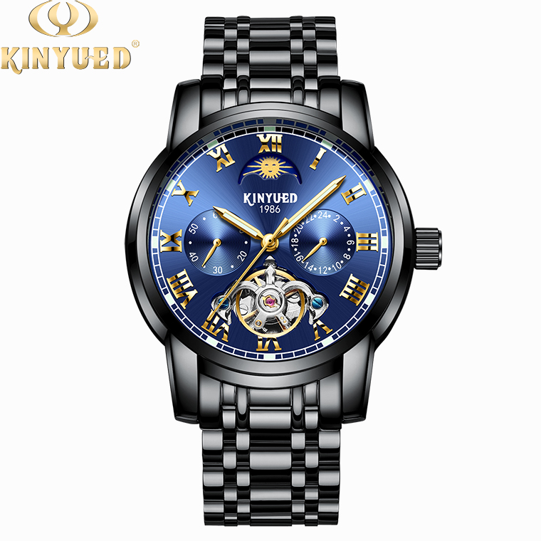 KINYUED Luminous clock hands man stainless steel wristwatches automatic tourbillon movement