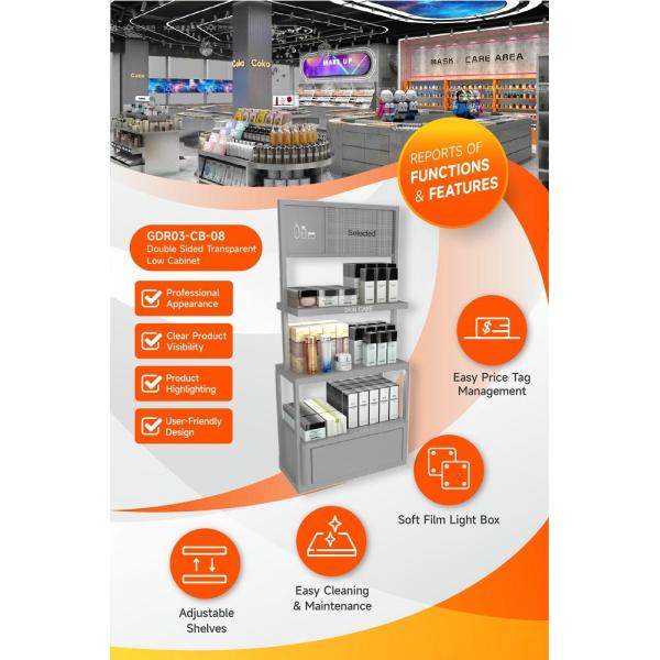 GDR03-CB-08 Double Sided Transparent Low Cabinet with Adjustable Shelves and Luxury Branding Integration for Specialty Beauty Stores