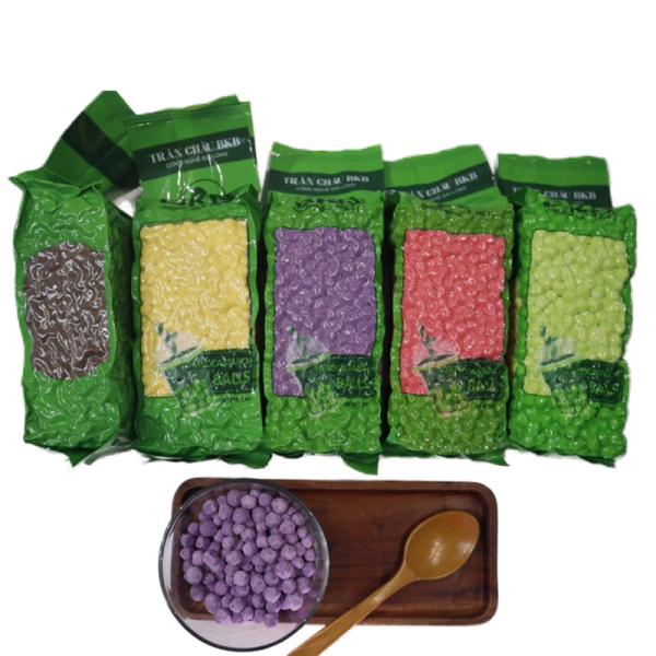 Close-up of taro starch balls in various fruit flavors