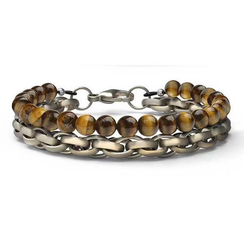 Fashion Men's Beaded Bracelet Silver Plated Stainless Steel With Tiger Eye Stone