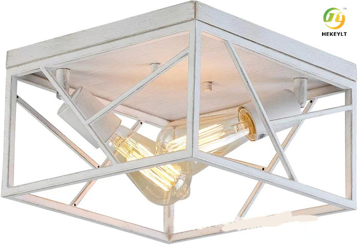Retro Trapezoidal Farmhouse Ceiling Lamp Wrought Iron Imitation Wood Paint