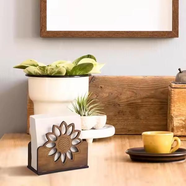 New Creative Sunflower Carved Solid Wood Napkin Holder Stylish Wooden Tissue