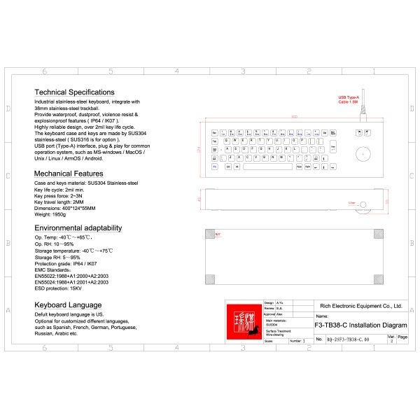 Best price Desktop Industrial Stainless Steel Keyboard With Trackball IP65