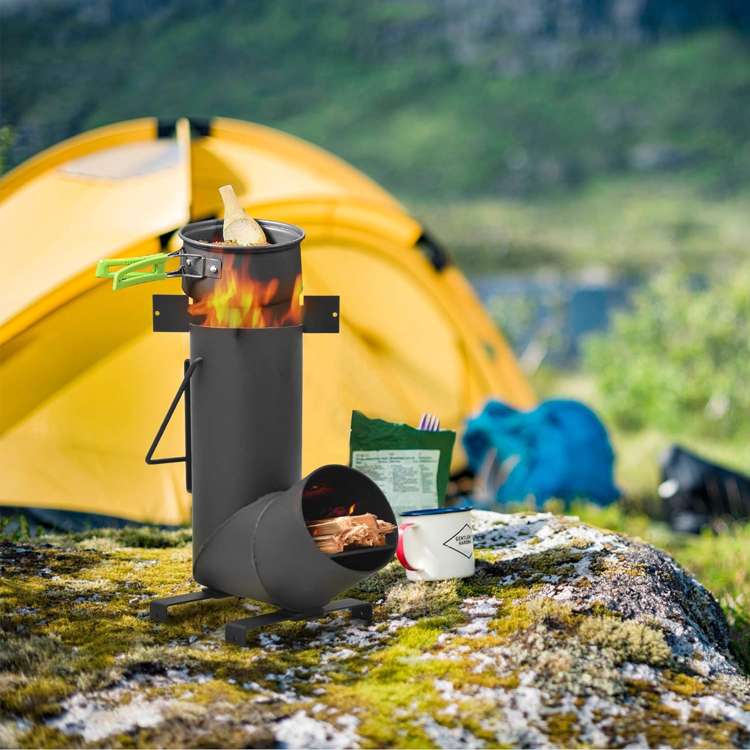 Large Fuel Chamber Portable Camping Stove for 3-5 People Iron Metal for Outdoor Cooking