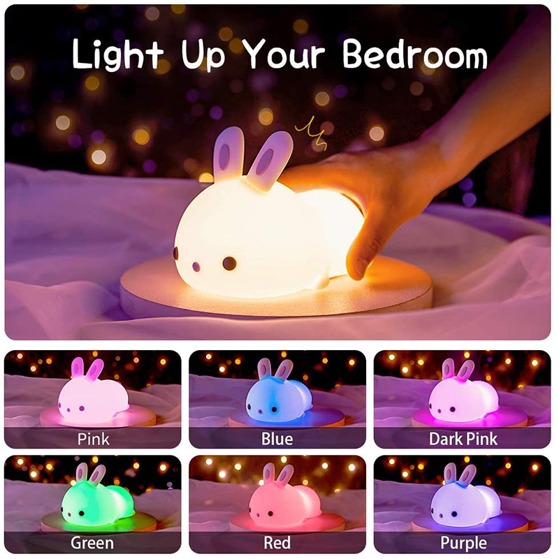 Soft Silicone Rabbit Kids Nursery Bedside Nightlight Lamp Gifts Touch Sense RGB LED Bunny Night Light