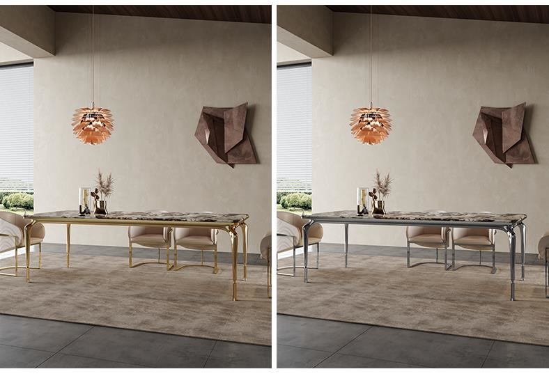 Italian Hotel Restaurant Furniture Rectangular Natural Marble Stainless Steel Metal Dining Table