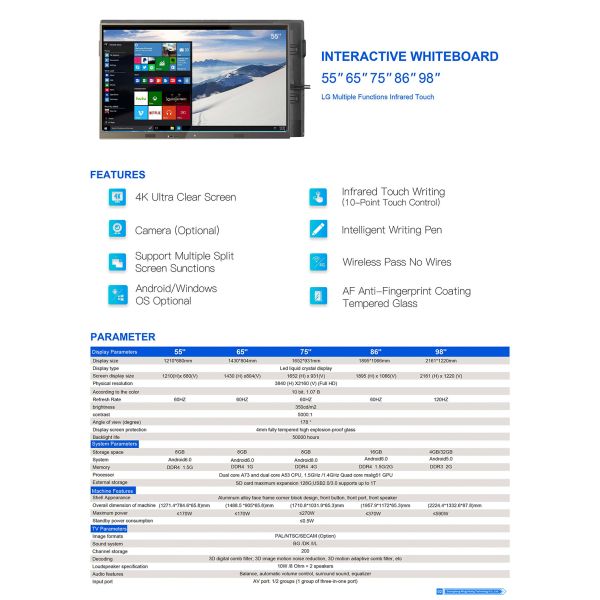 55" 65" 75" Interactive Flat Panel Touch Screen Smart Meeting Board Android Windows Dual OS All in One Boardroom Display