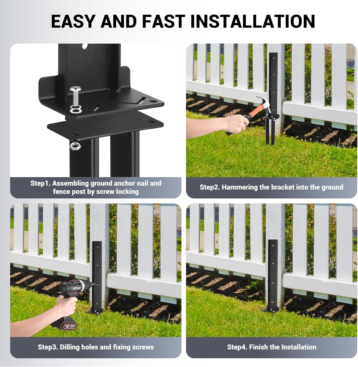 2 Pcs Double Ground Spike Fence Post Anchor for Tilted/Broken Wood Fence Post Repair
