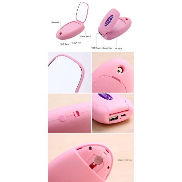 Multifunctional Mini Mirror Power Bank With Facial Skin Care Mist Sprayer And Folding Makeup Mirror