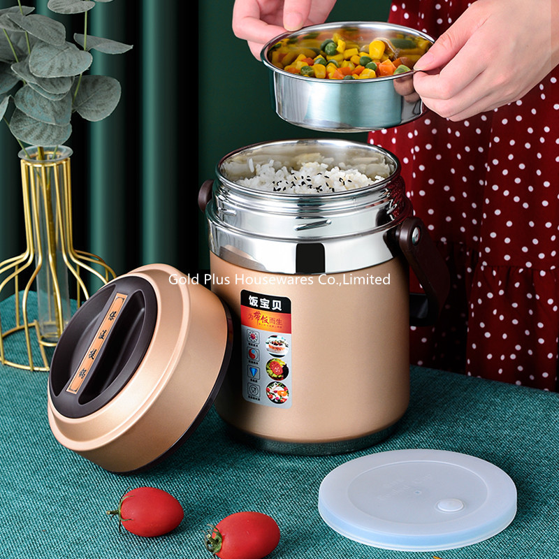 2000ML High quality double walled stainless steel lunch box with silicone rim round three tiers 304 ss thermal soup pot