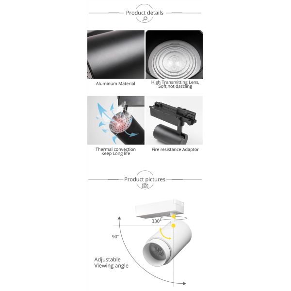 Aluminum Lamp Body Track Mounted Led Spotlights Zoom Adjustment For Supermarket
