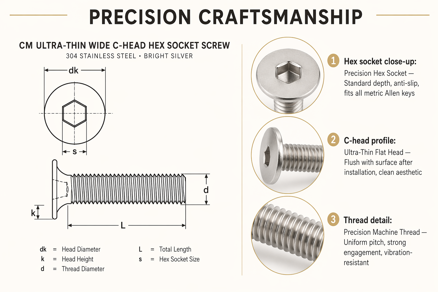 304 Stainless Steel CM Ultra-Thin Large Flat Head Hex Socket Machine Screws Bolts M2 M3 M4 M5 Metric Precision Countersunk Fasteners for Electronics