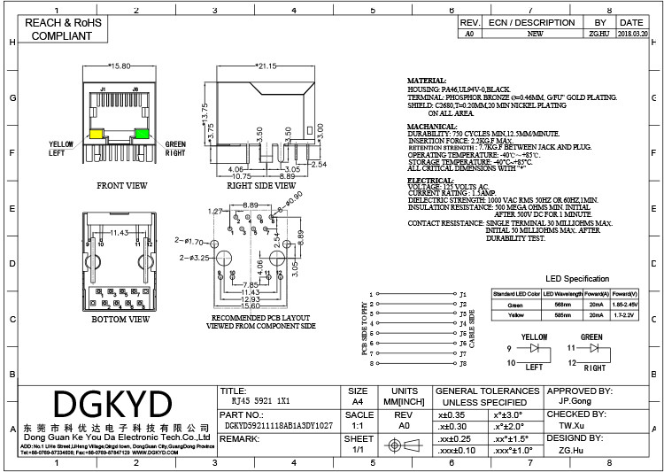 DGKYD59211118AB1A3DY1027 RJ45 Without Filter Socket 10P8C With LED 59 Series Y/G