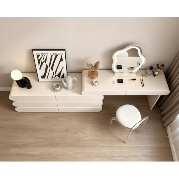 Cream Modern Extendable Makeup Vanity Desk Combo with LED Cloud Mirror