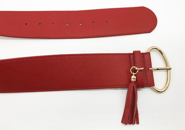 Red Color Women's Genuine Leather High Waist Fashion Belts With Oval Metal Buckle 2-3/8” Wide
