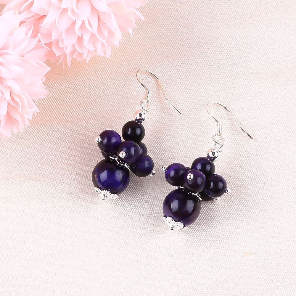 Handmade Crystal Stone Earrings Purple Tiger's Eye Gemstone Beaded Pendant Earrings